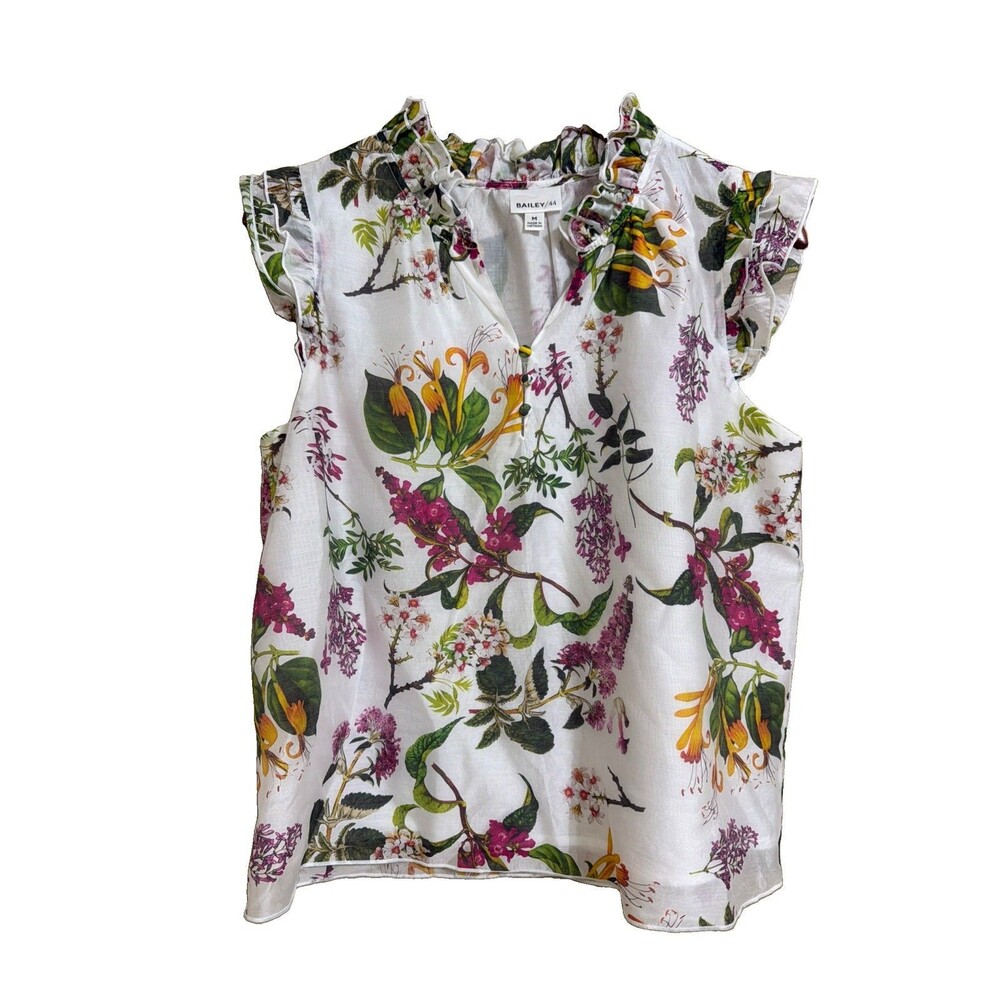Bailey 44 Botanical Blouse Floral Ruffle Sleeveless White Purple Lightweight M